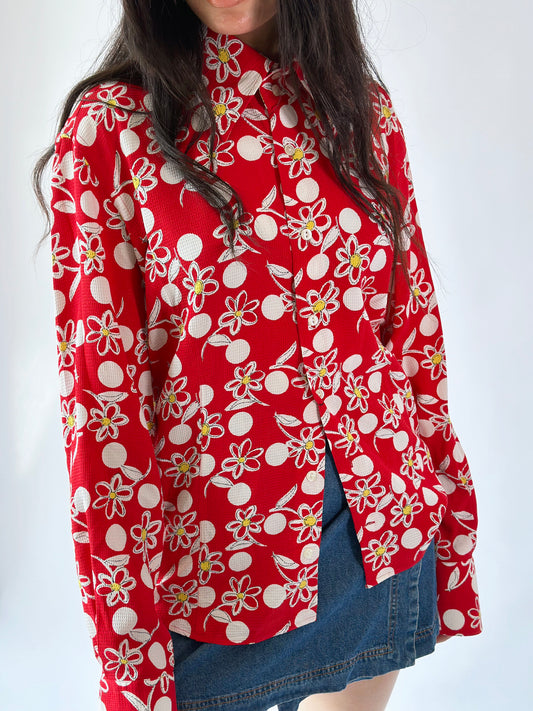 70s Red Flower Shirt [S/M]